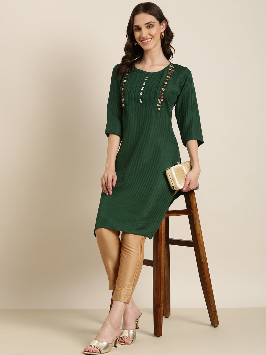 Women Green Striped Straight Kurta