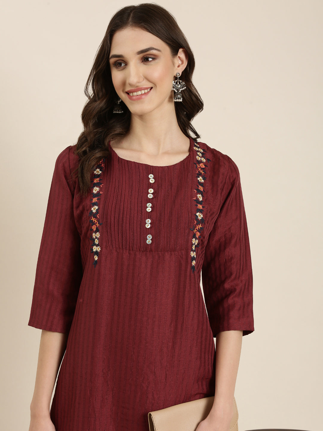 Women Magenta Striped Straight Kurta