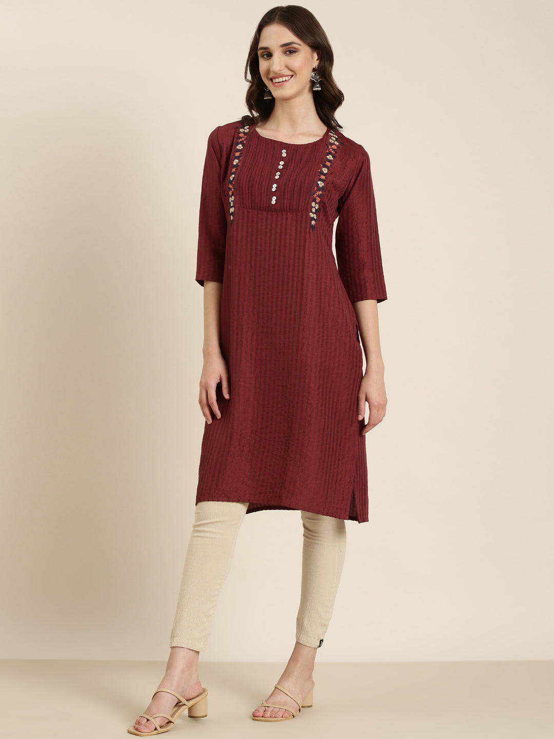 Women Magenta Striped Straight Kurta