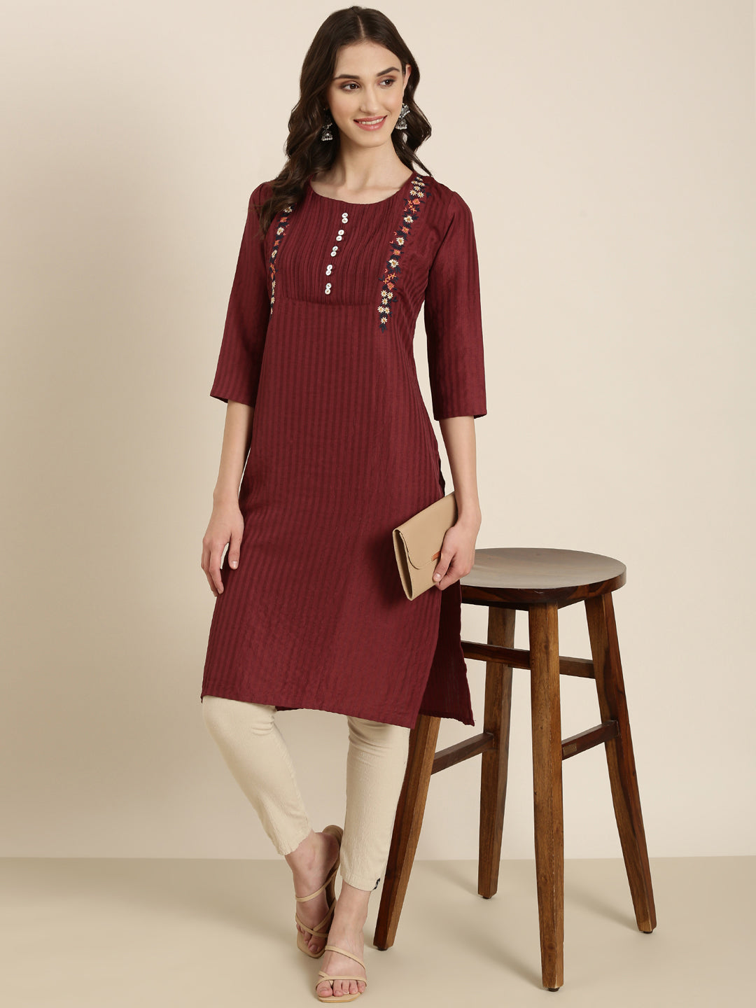 Women Magenta Striped Straight Kurta