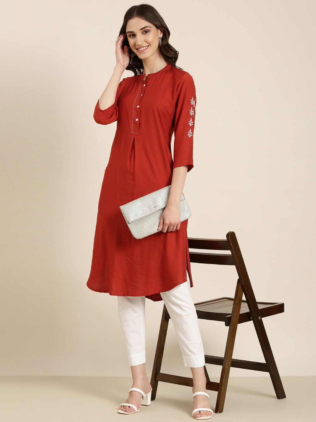 Women Rust Solid Straight Kurta