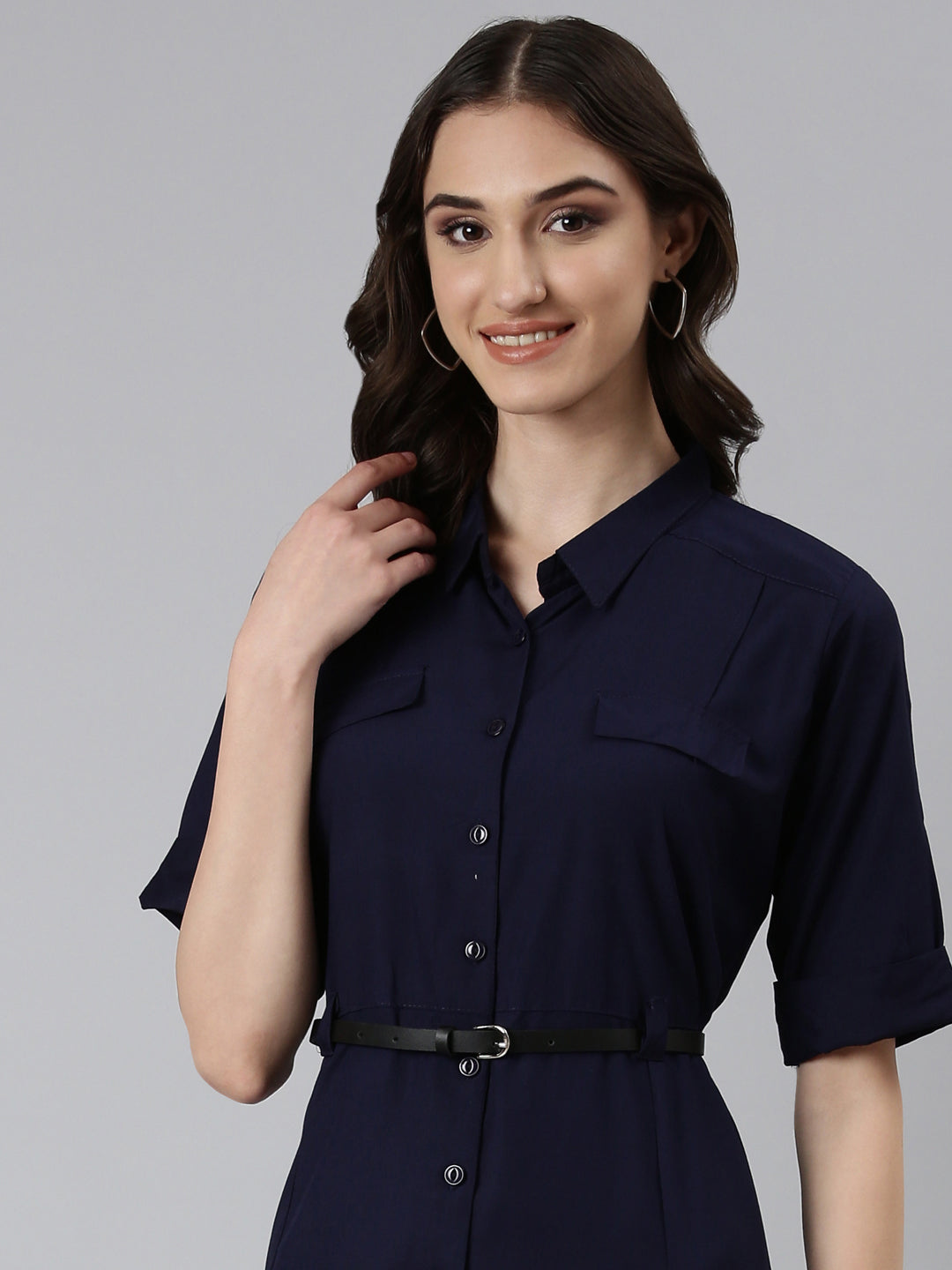 Women Navy Blue Solid A-Line Dress