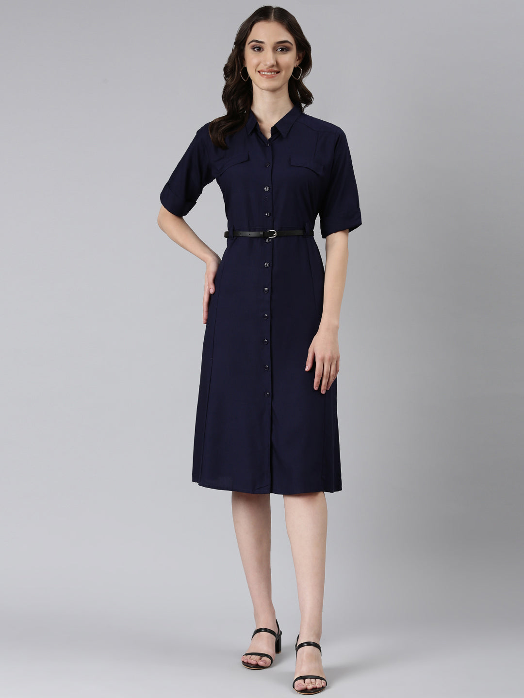 Women Navy Blue Solid A-Line Dress