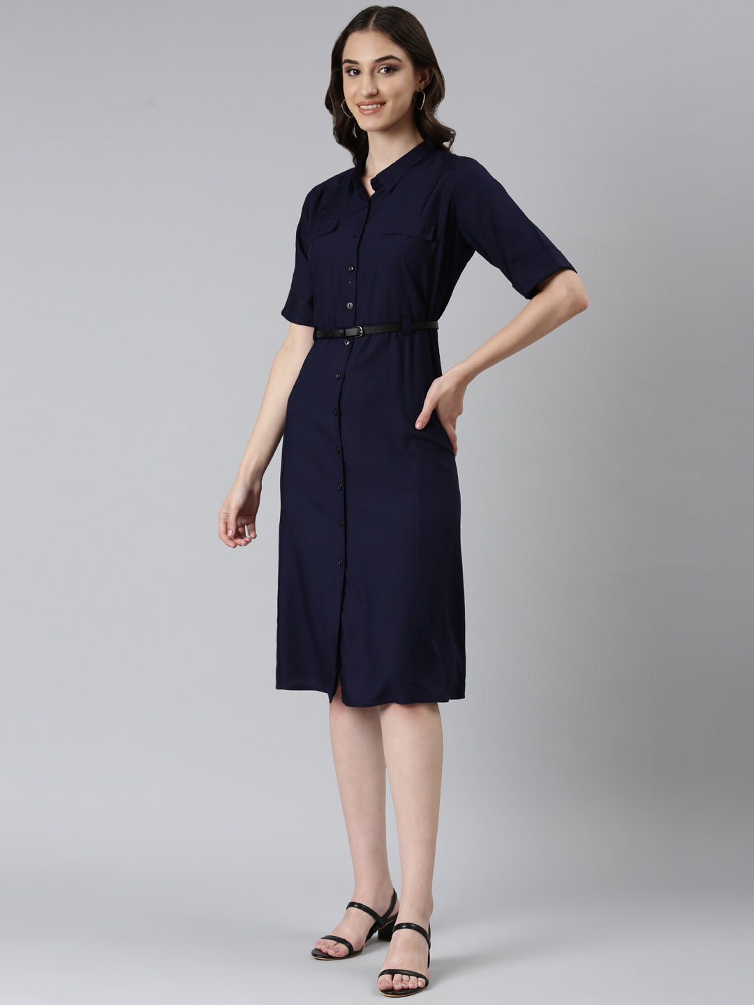 Women Navy Blue Solid A-Line Dress