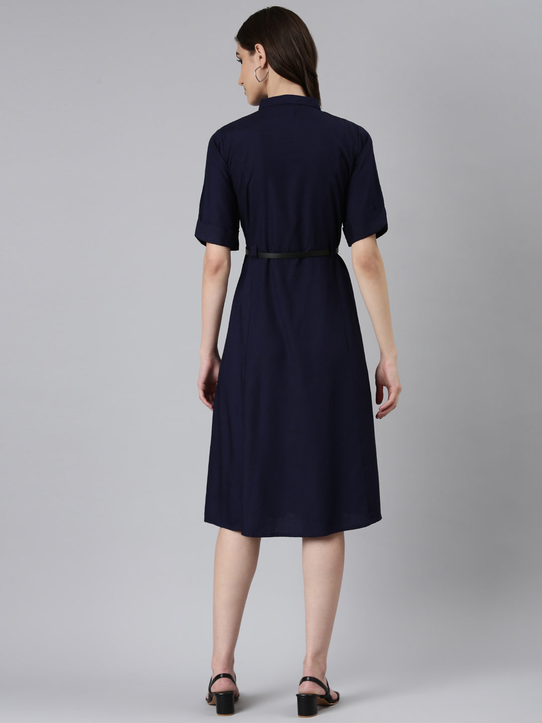 Women Navy Blue Solid A-Line Dress