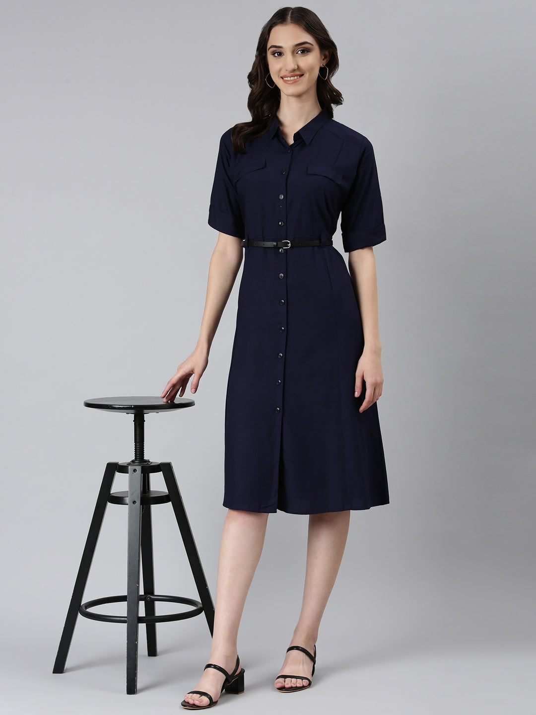 Women Navy Blue Solid A-Line Dress