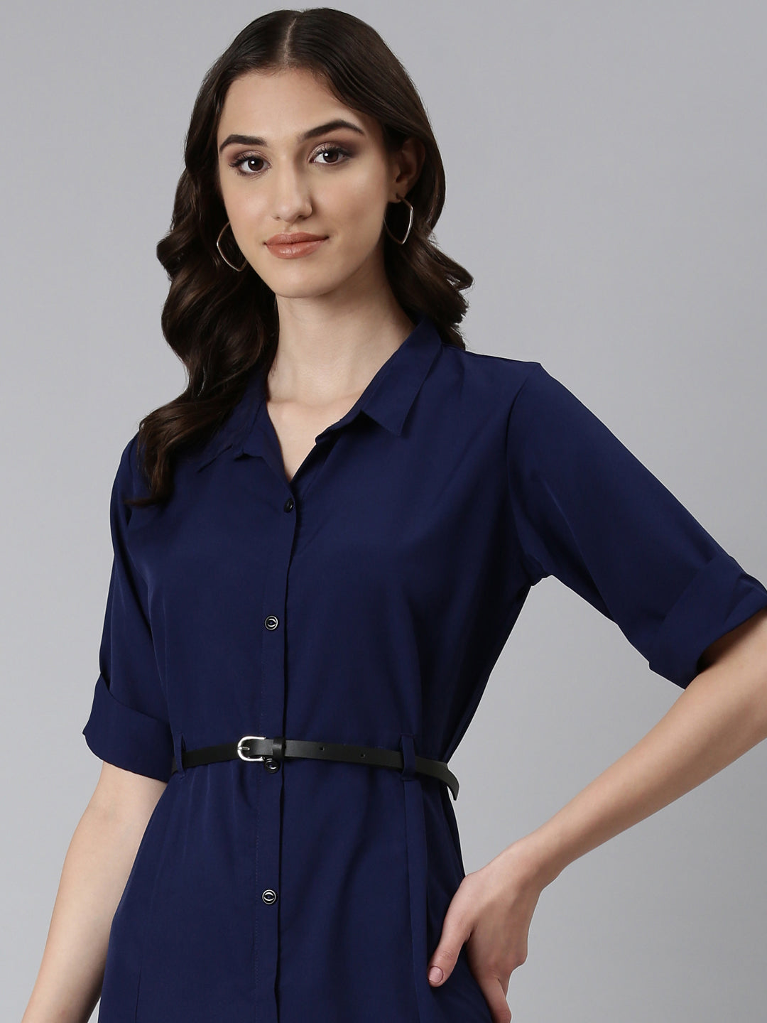 Women's Navy Blue Solid Shirt Dress
