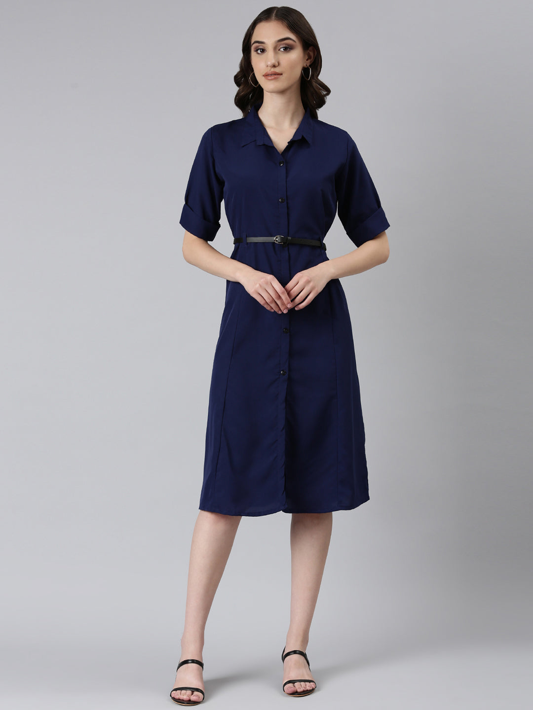 Women's Navy Blue Solid Shirt Dress