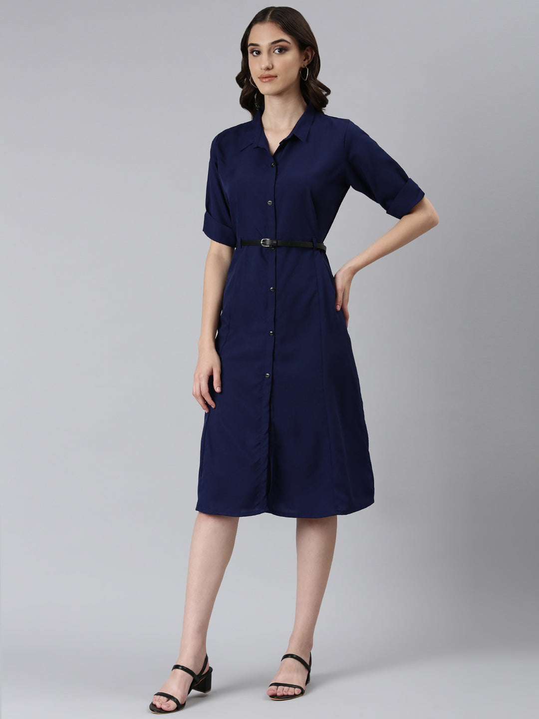 Women's Navy Blue Solid Shirt Dress