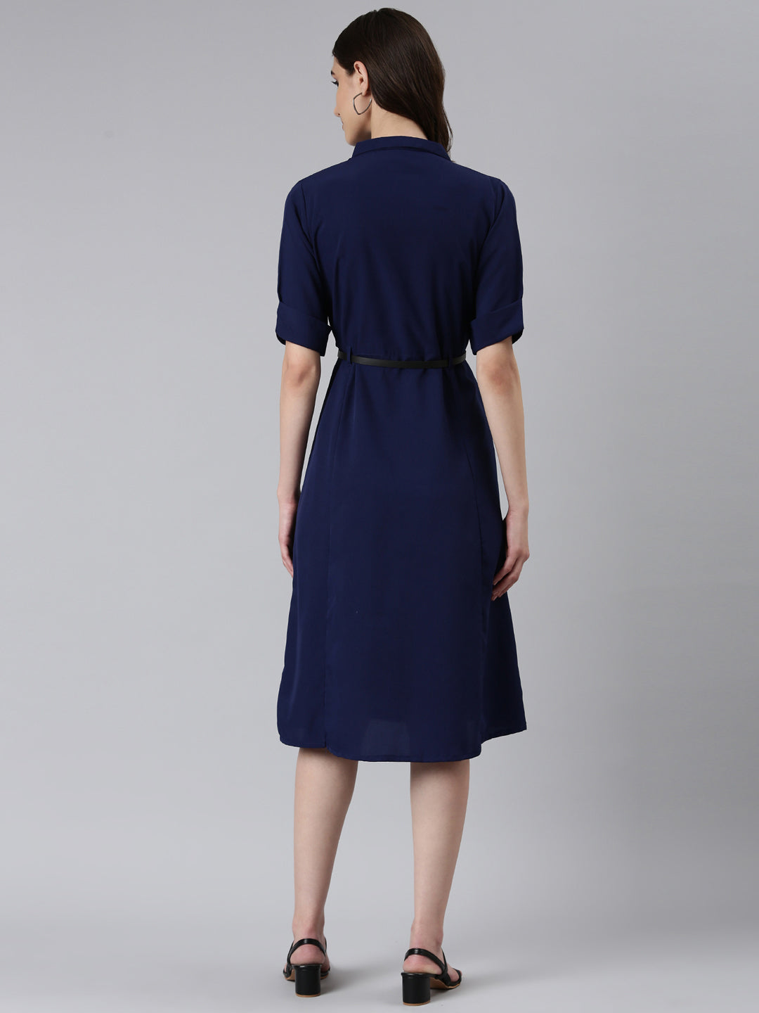 Women's Navy Blue Solid Shirt Dress