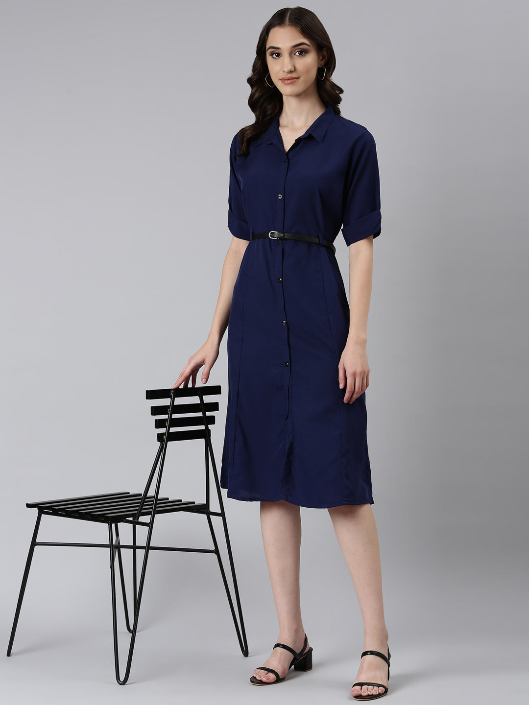 Women's Navy Blue Solid Shirt Dress