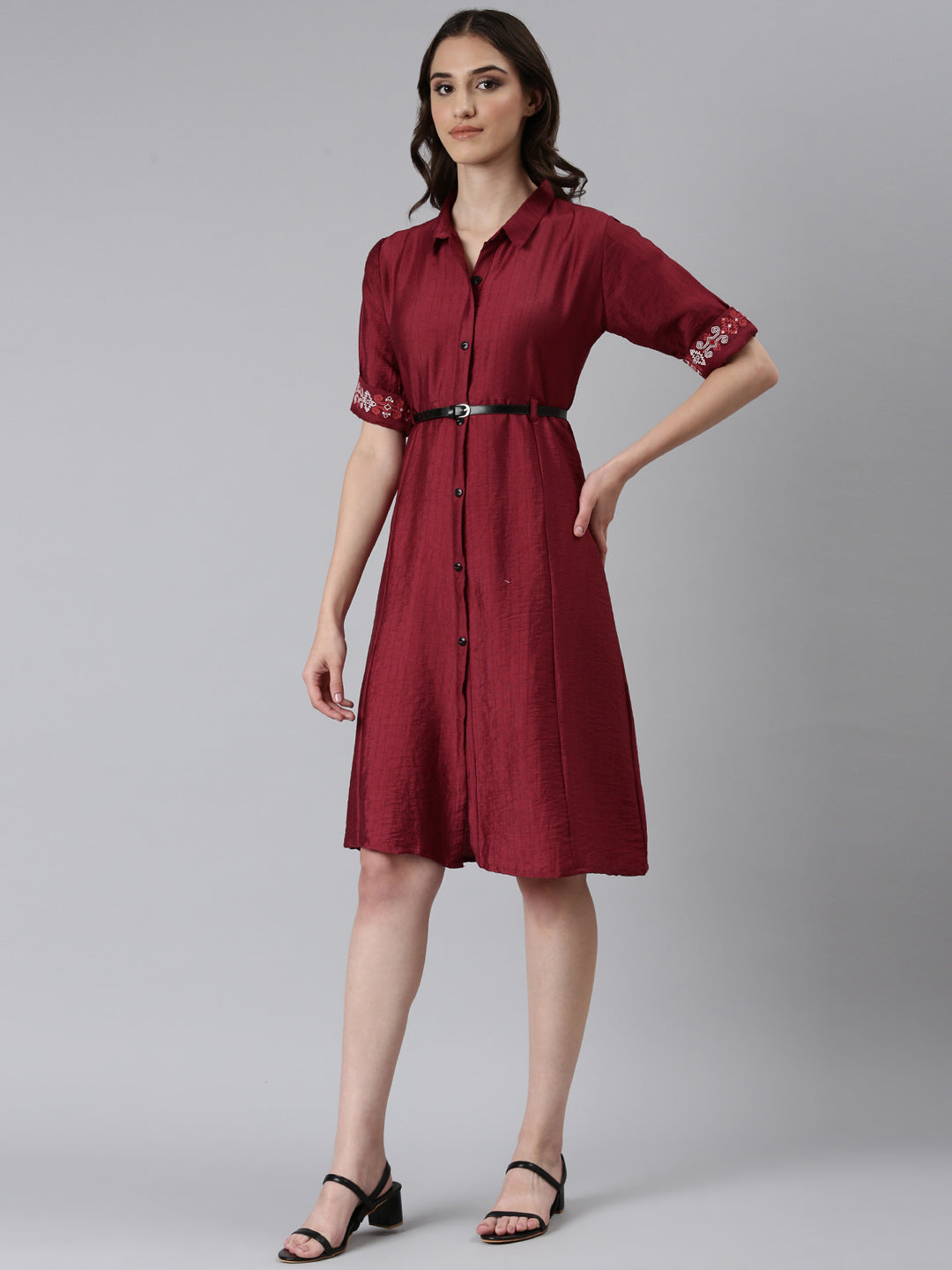 Women Magenta Solid A-Line Dress