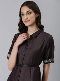 Women's Purple Embroidered Shirt Collar Belted A-Line Dress