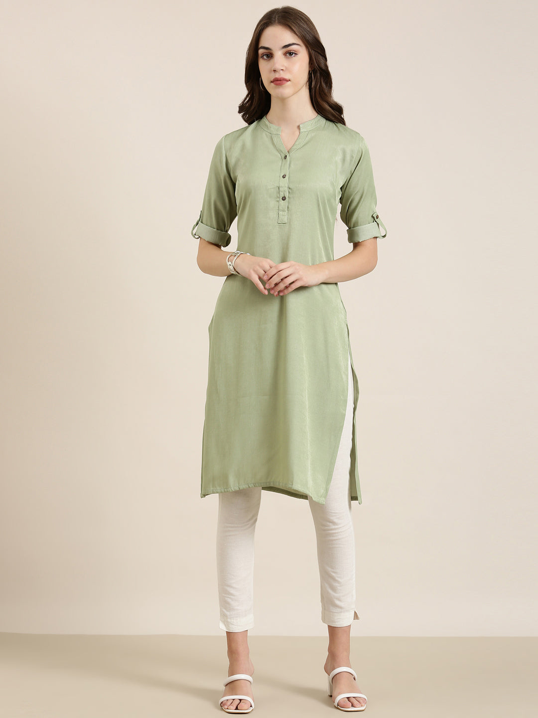 Women Olive Solid Straight Kurta