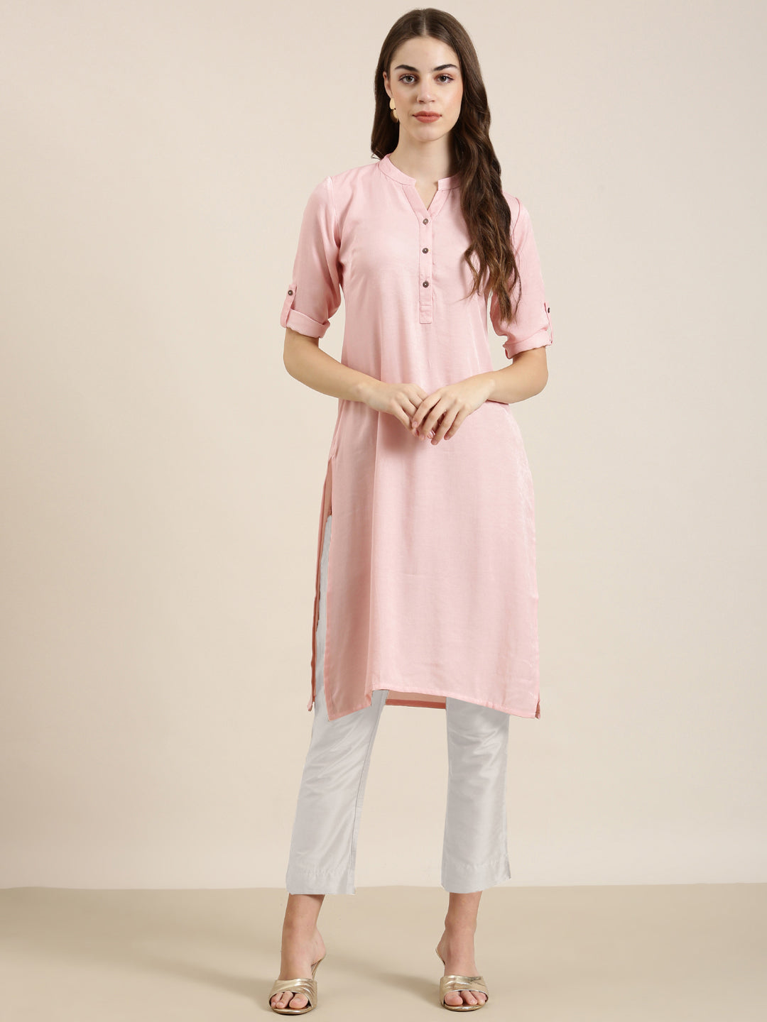 Women Pink Solid Straight Kurta