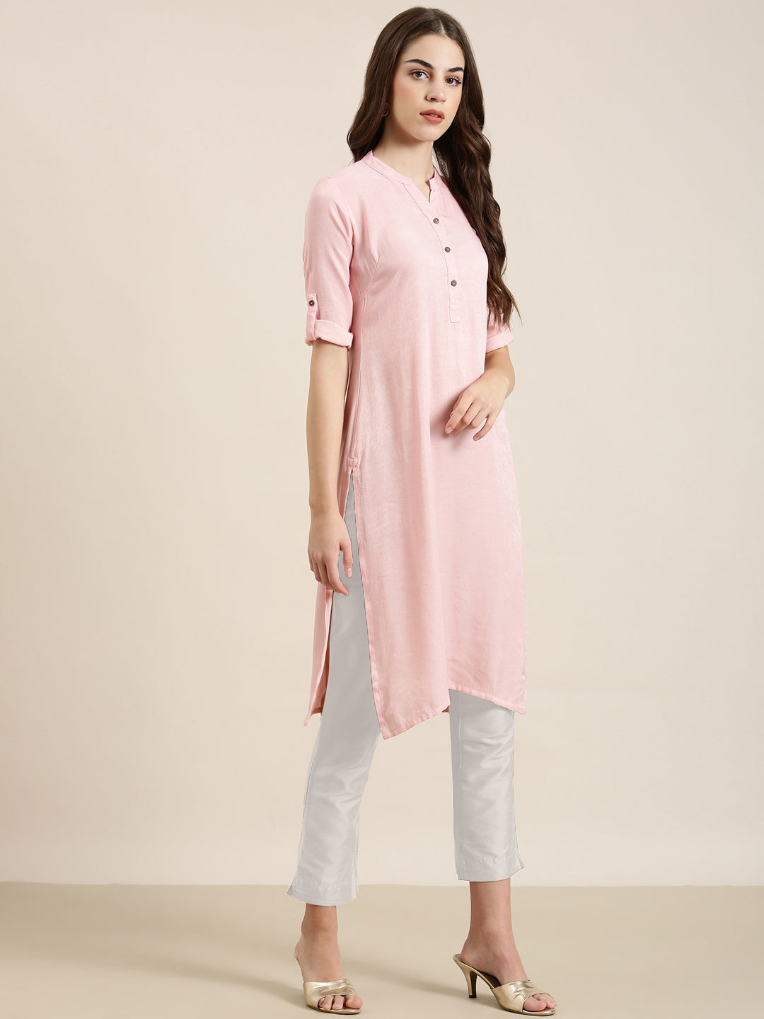 Women Pink Solid Straight Kurta