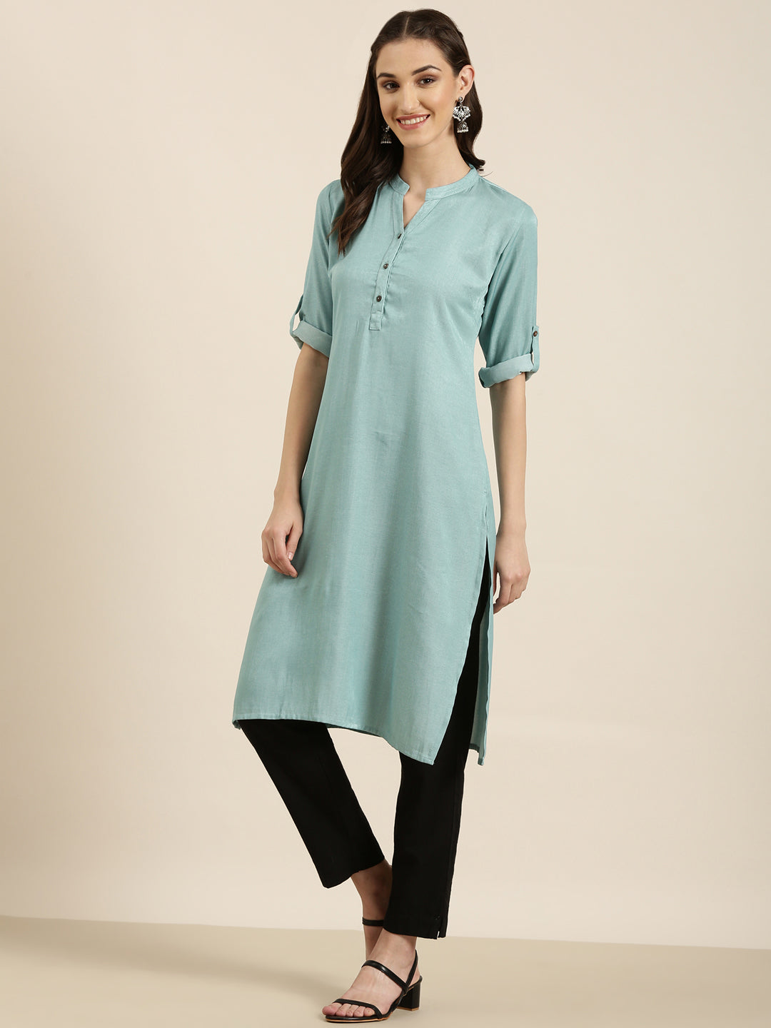 Women Turquoise Blue Solid Straight Kurta