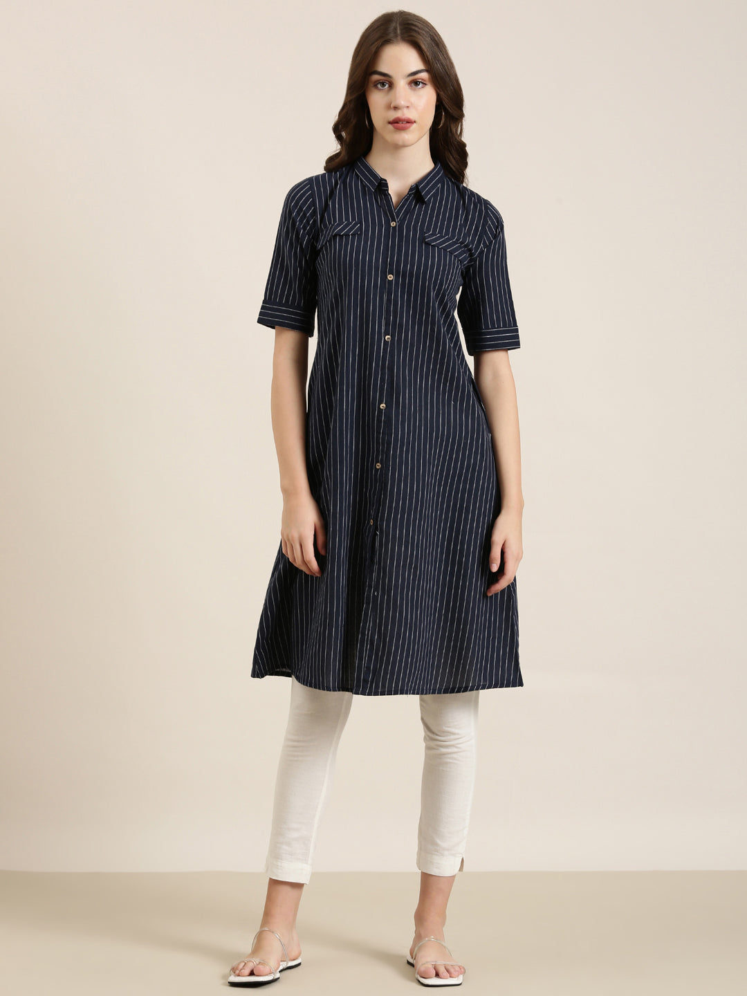 Women Navy Blue Striped Straight Kurta