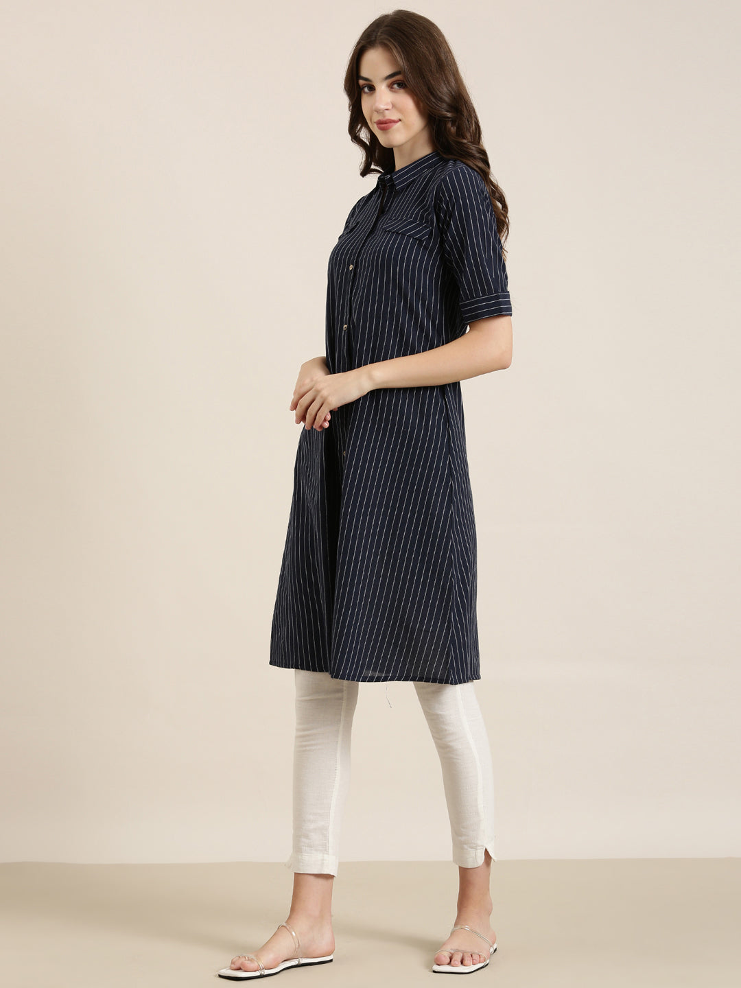 Women Navy Blue Striped Straight Kurta