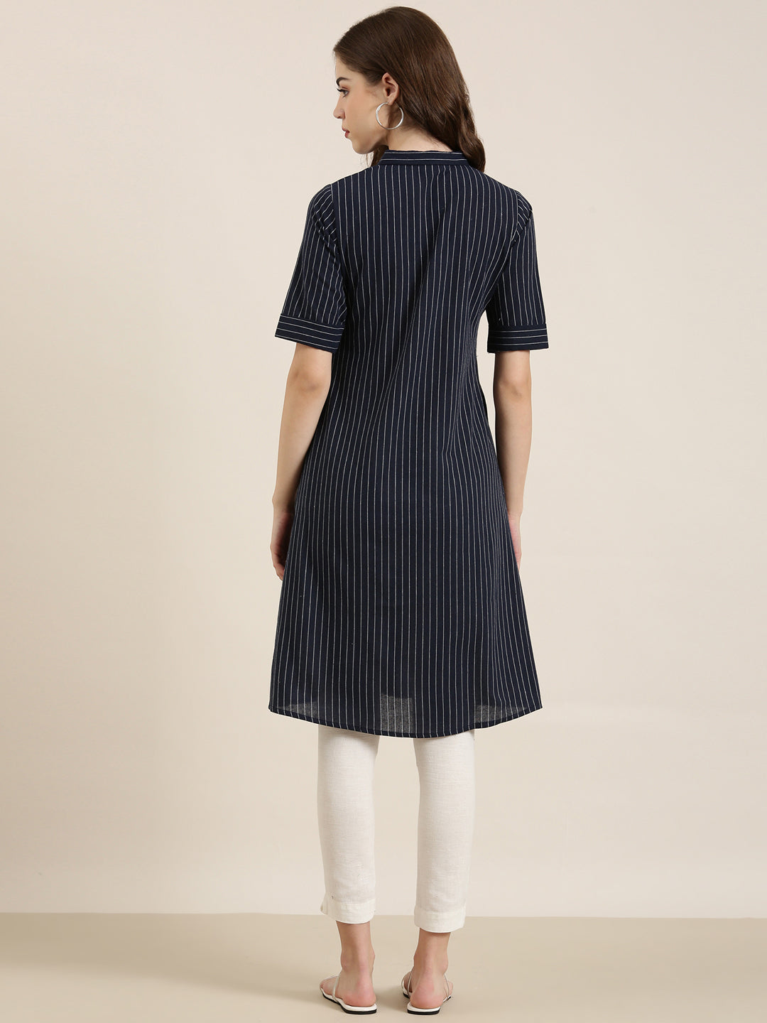 Women Navy Blue Striped Straight Kurta