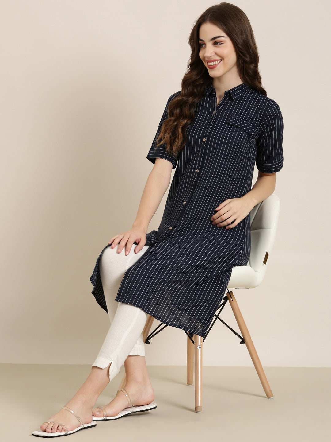 Women Navy Blue Striped Straight Kurta