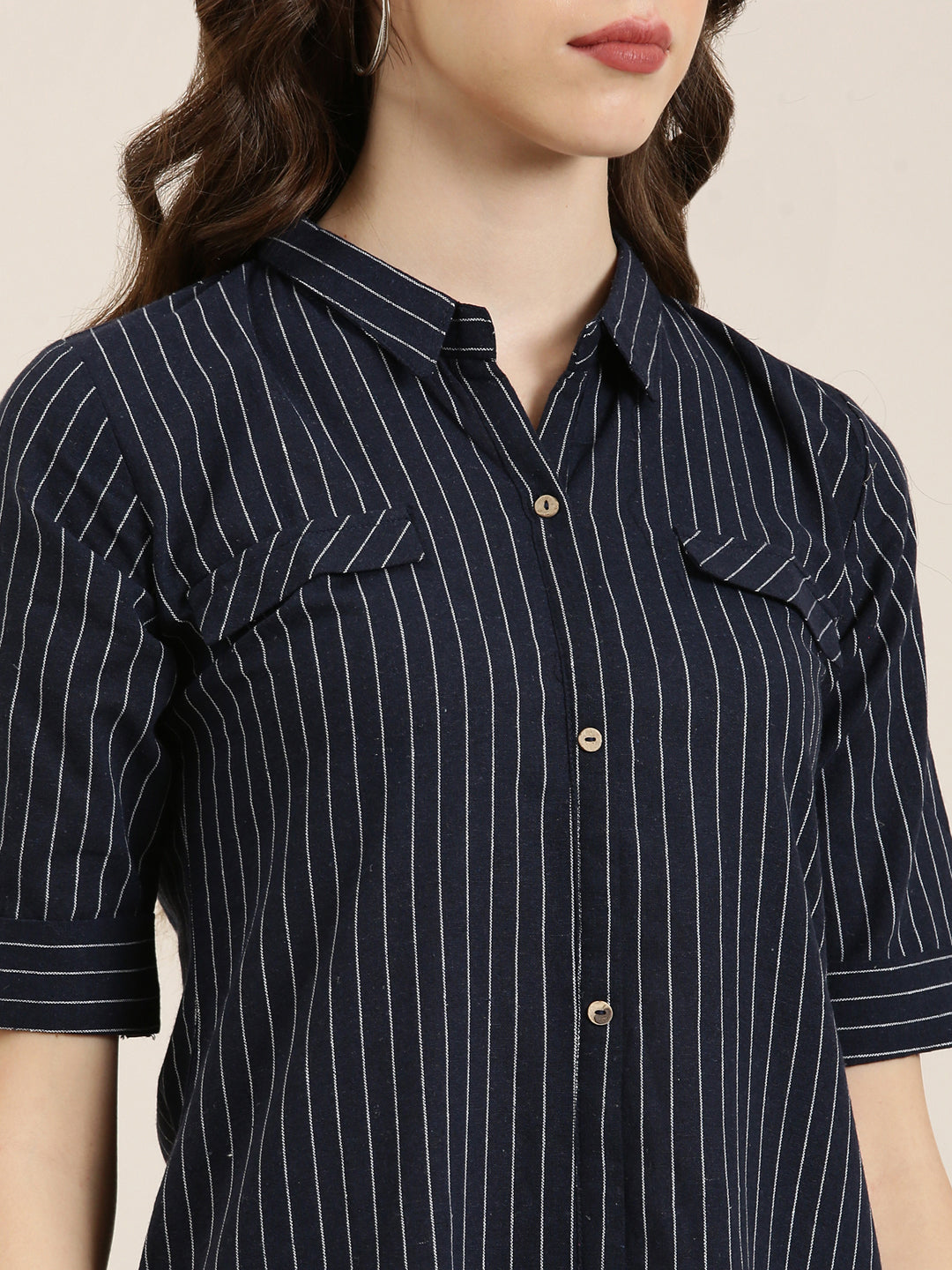 Women Navy Blue Striped Straight Kurta