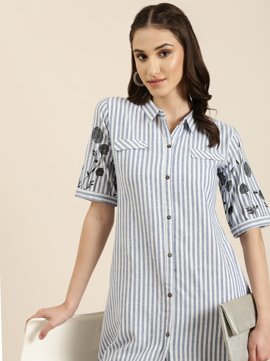 Women Blue Striped A-Line Kurta