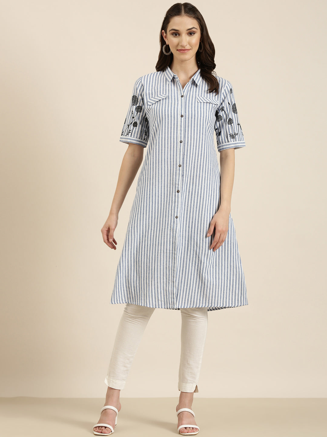 Women Blue Striped A-Line Kurta