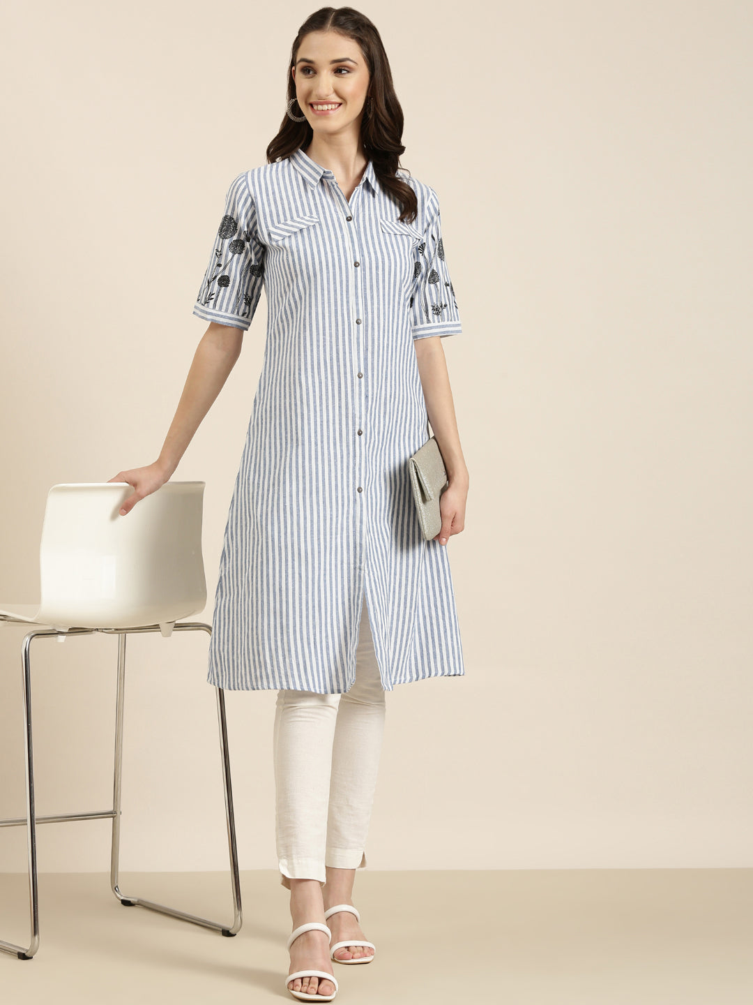 Women Blue Striped A-Line Kurta