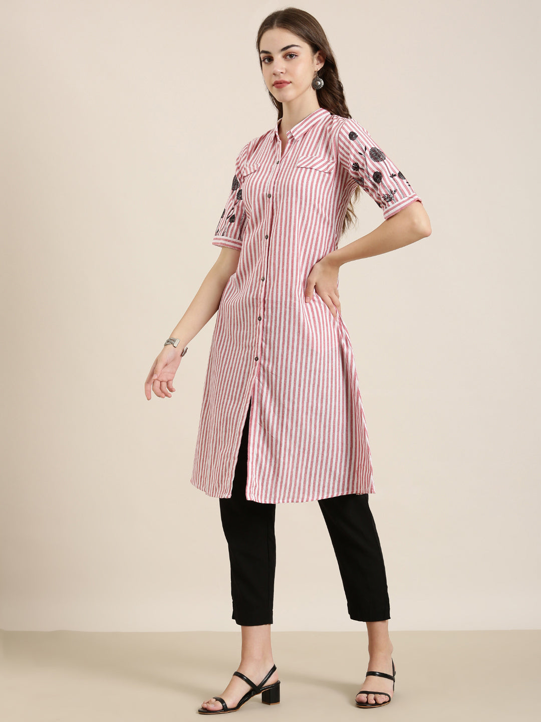 Women Red Striped A-Line Kurta