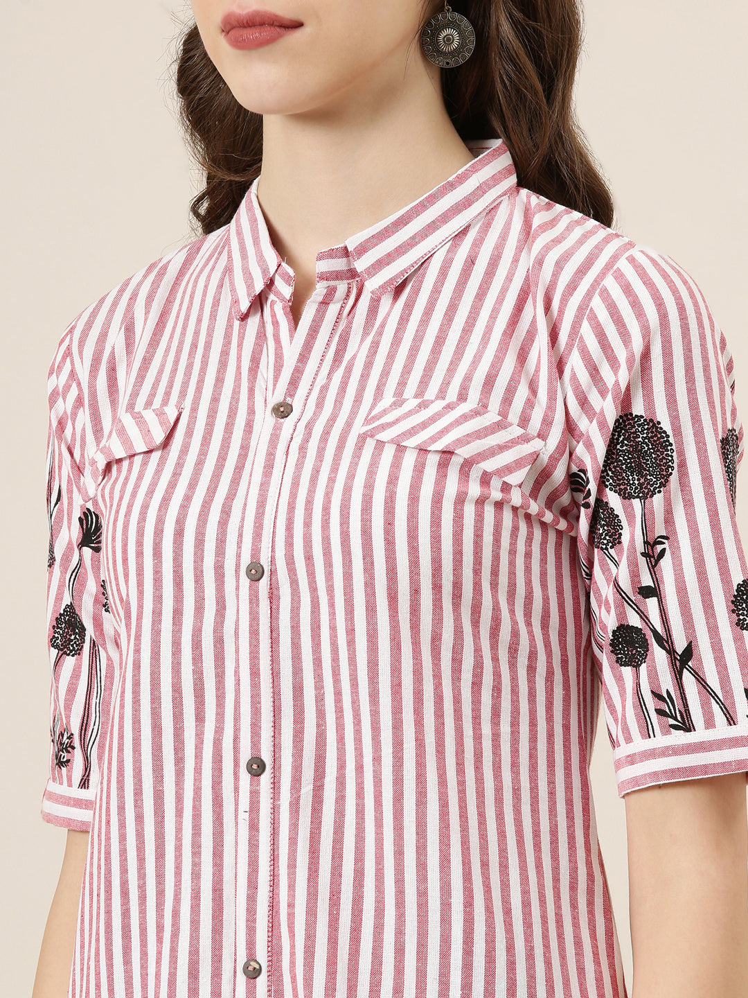 Women Red Striped A-Line Kurta