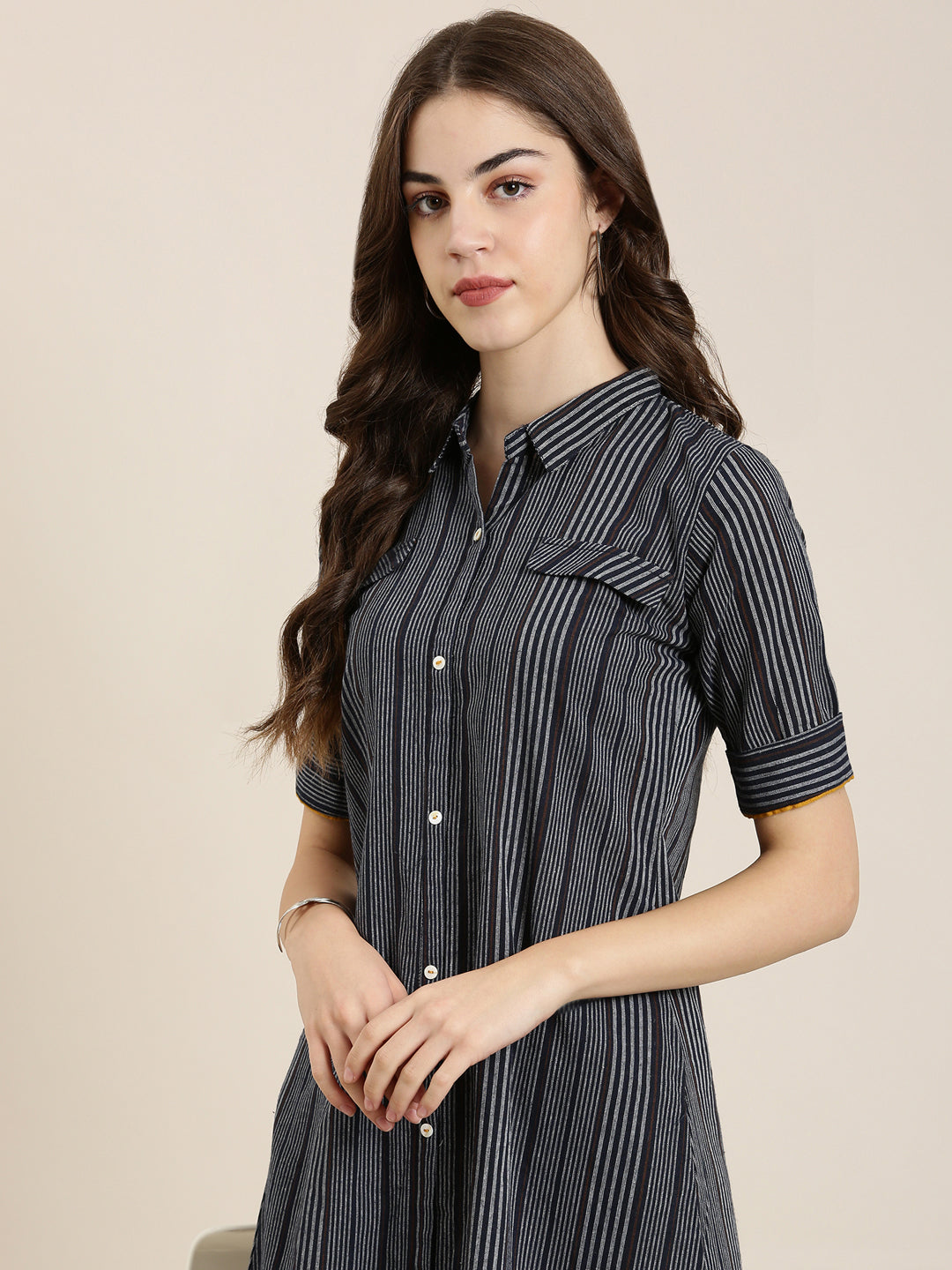 Women Navy Blue Striped A-Line Kurta