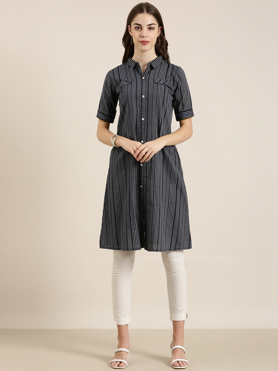 Women Navy Blue Striped A-Line Kurta