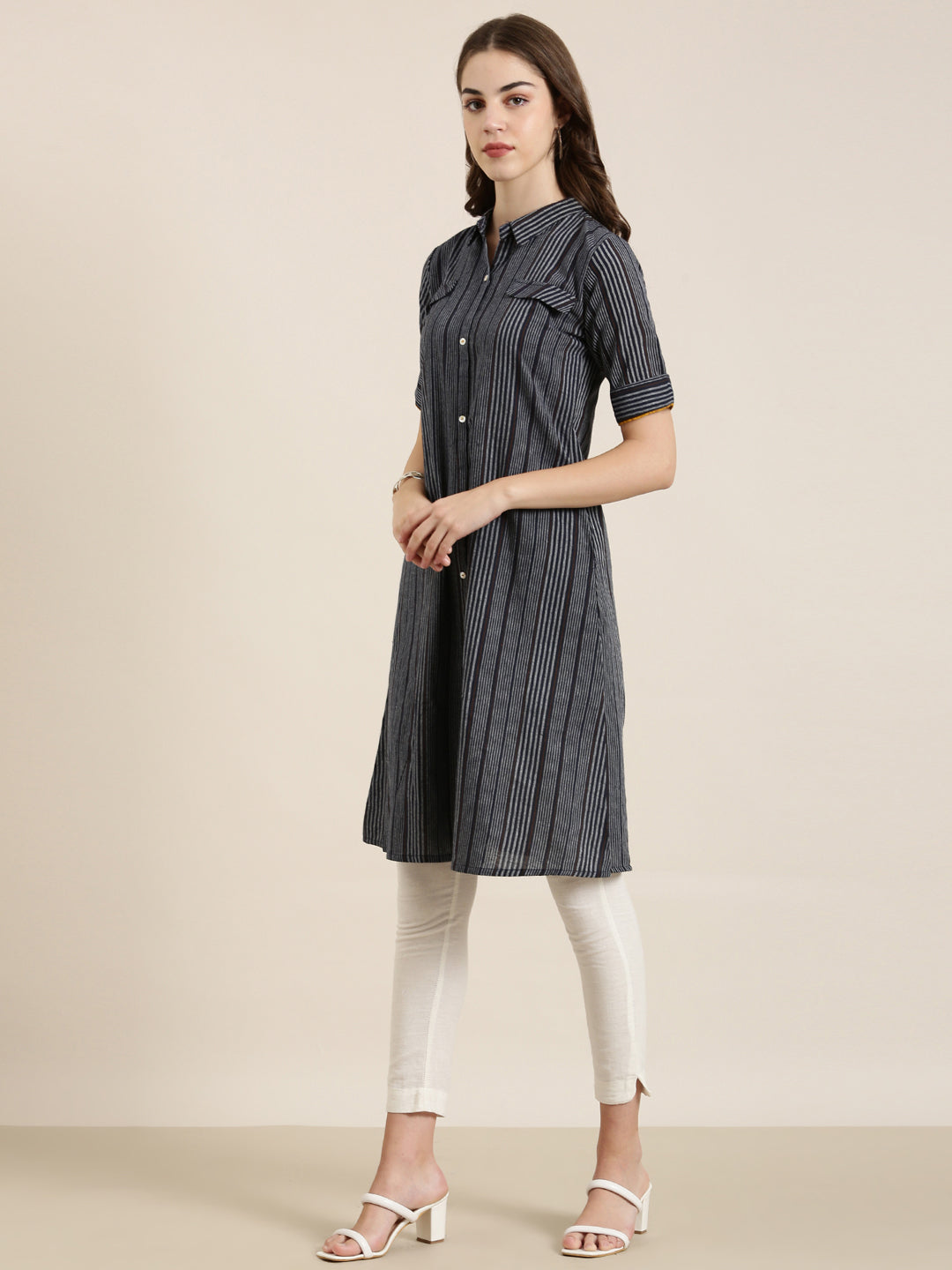 Women Navy Blue Striped A-Line Kurta