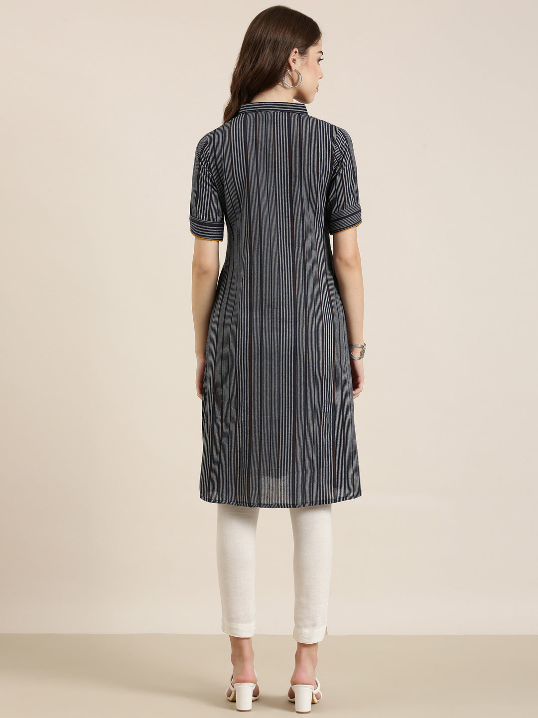 Women Navy Blue Striped A-Line Kurta