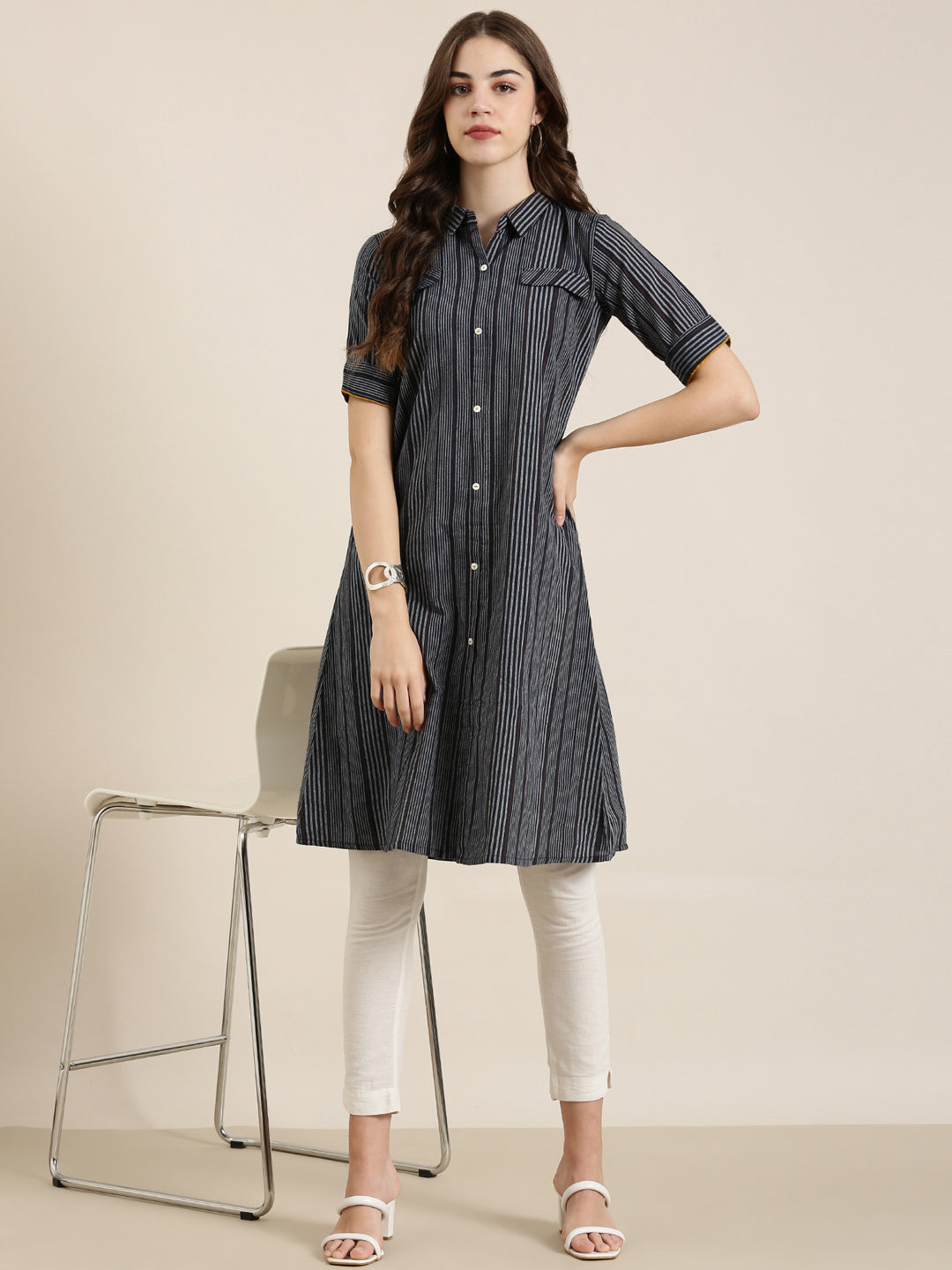 Women Navy Blue Striped A-Line Kurta