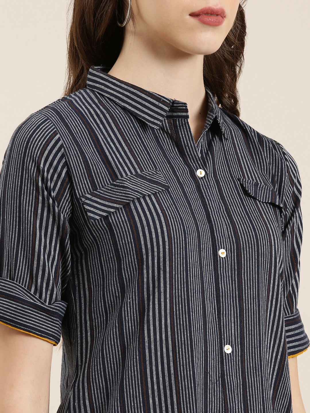 Women Navy Blue Striped A-Line Kurta