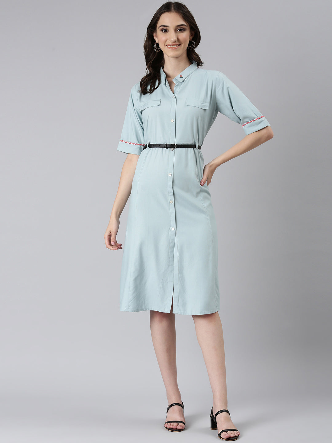 Women Blue Solid Shirt Dress