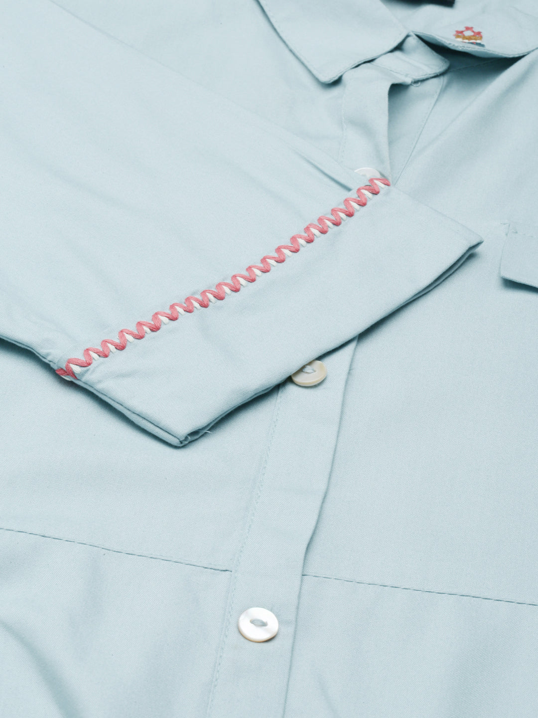 Women's Blue Shirt Collar Roll-Up Sleeves Shirt Dress