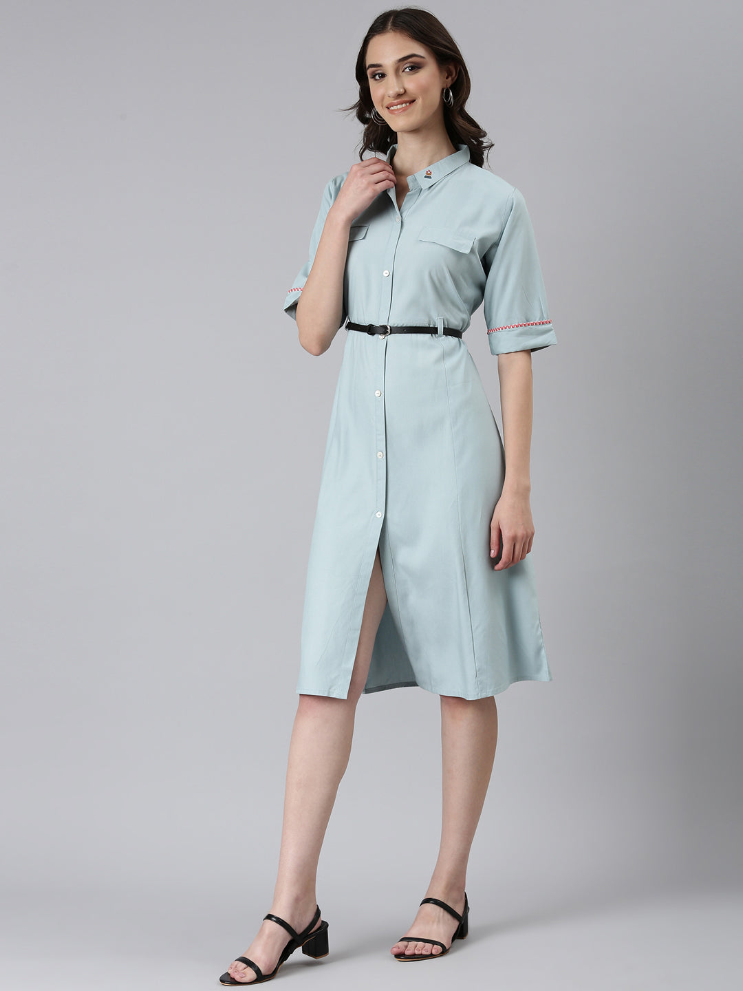Women's Blue Shirt Collar Roll-Up Sleeves Shirt Dress