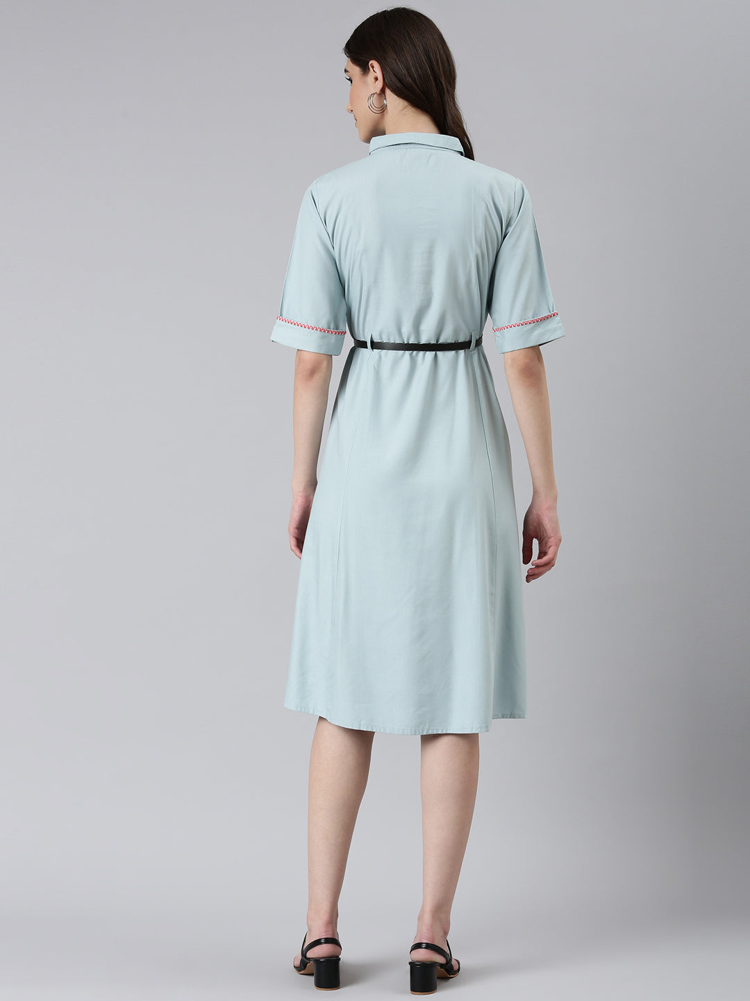 Women's Blue Shirt Collar Roll-Up Sleeves Shirt Dress
