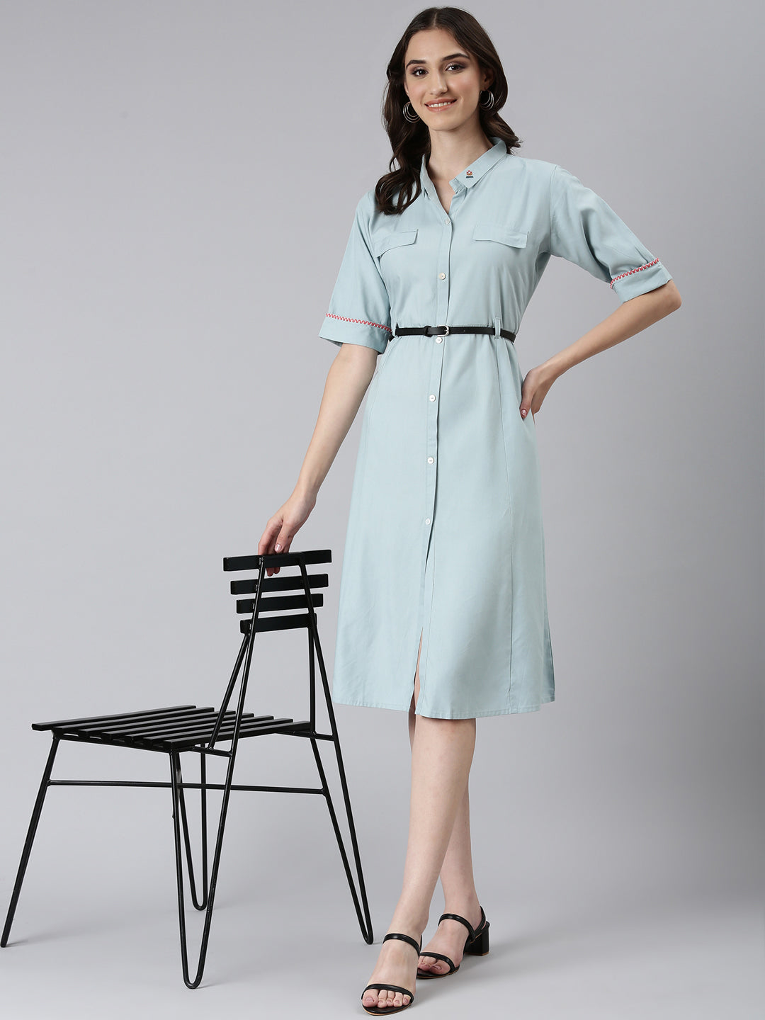 Women's Blue Shirt Collar Roll-Up Sleeves Shirt Dress