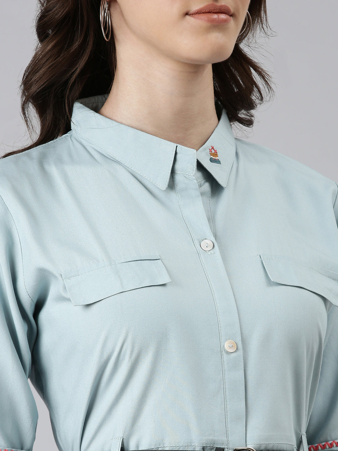 Women's Blue Shirt Collar Roll-Up Sleeves Shirt Dress