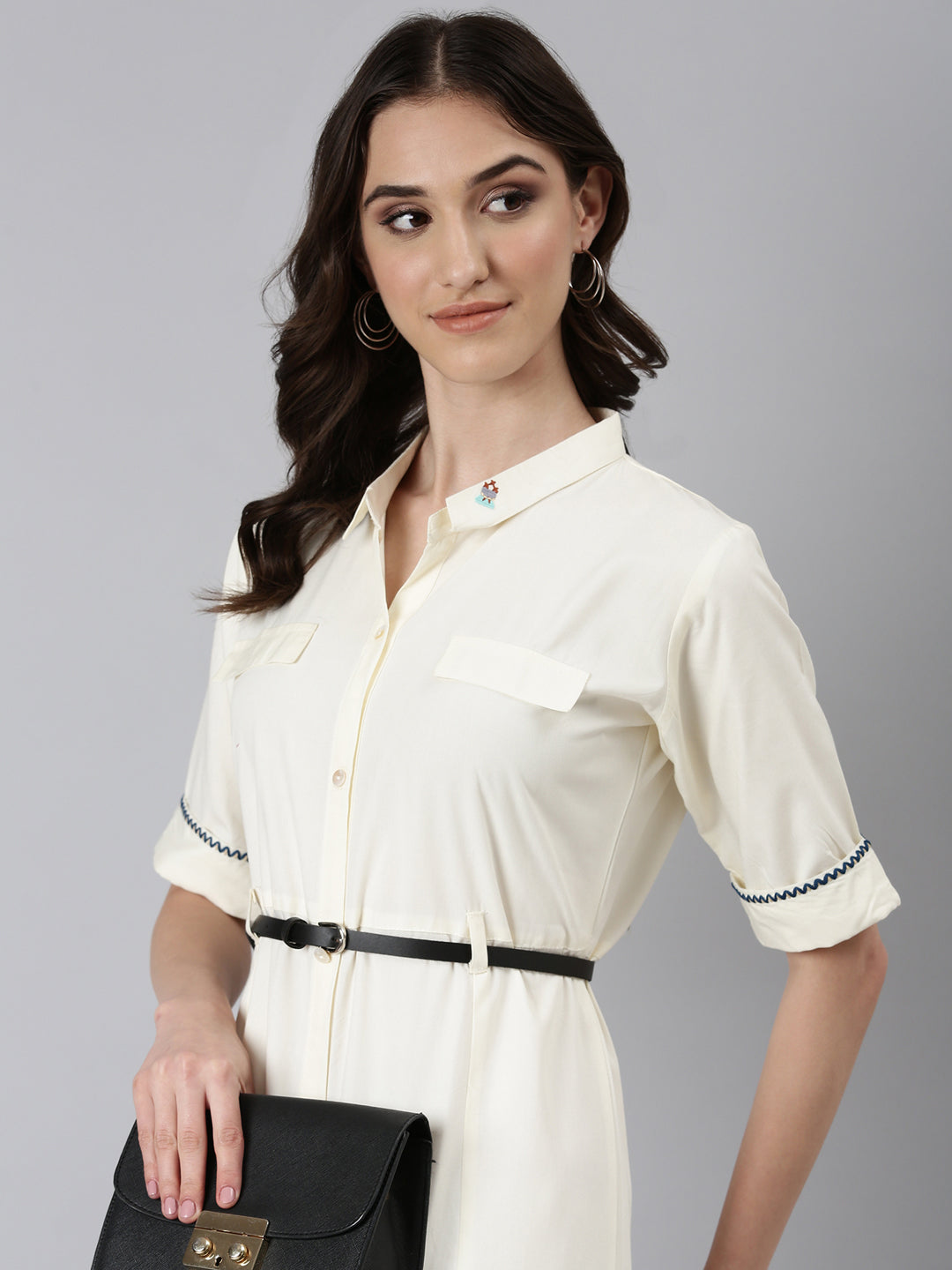 Women Cream Solid Shirt Dress