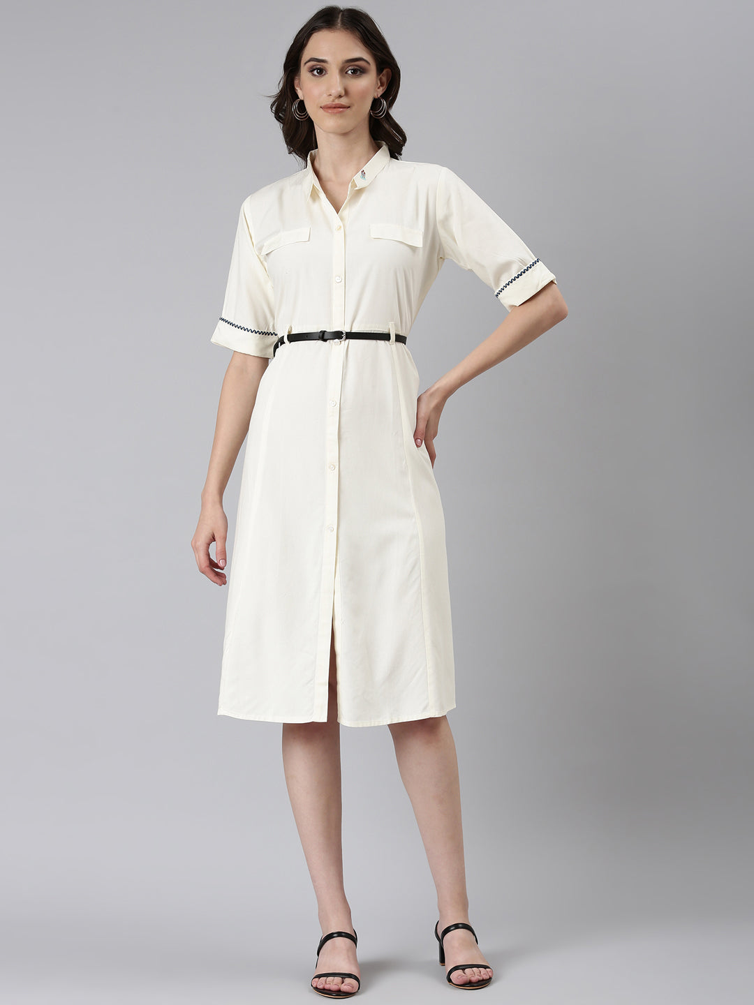 Women Cream Solid Shirt Dress