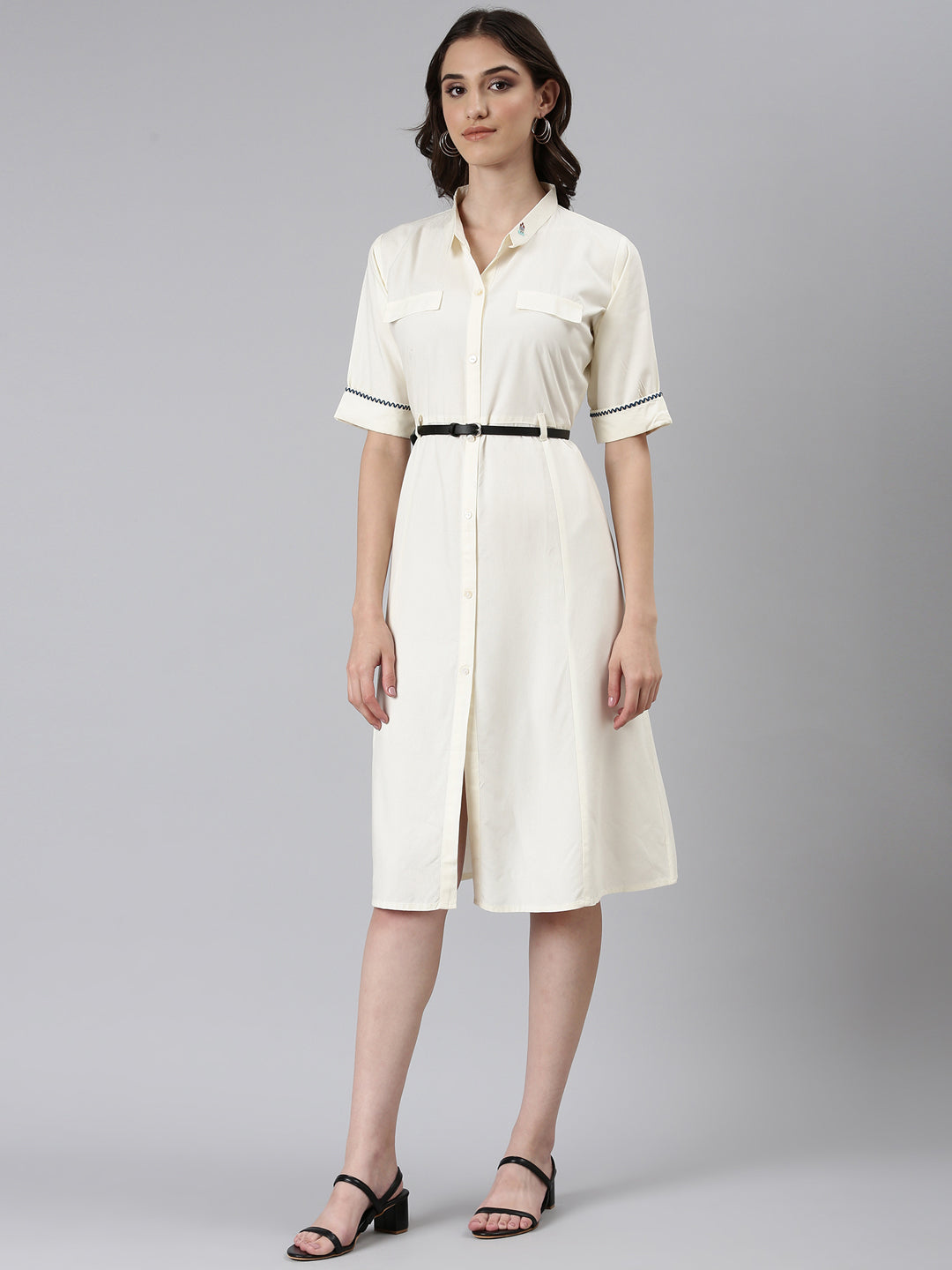 Women Cream Solid Shirt Dress