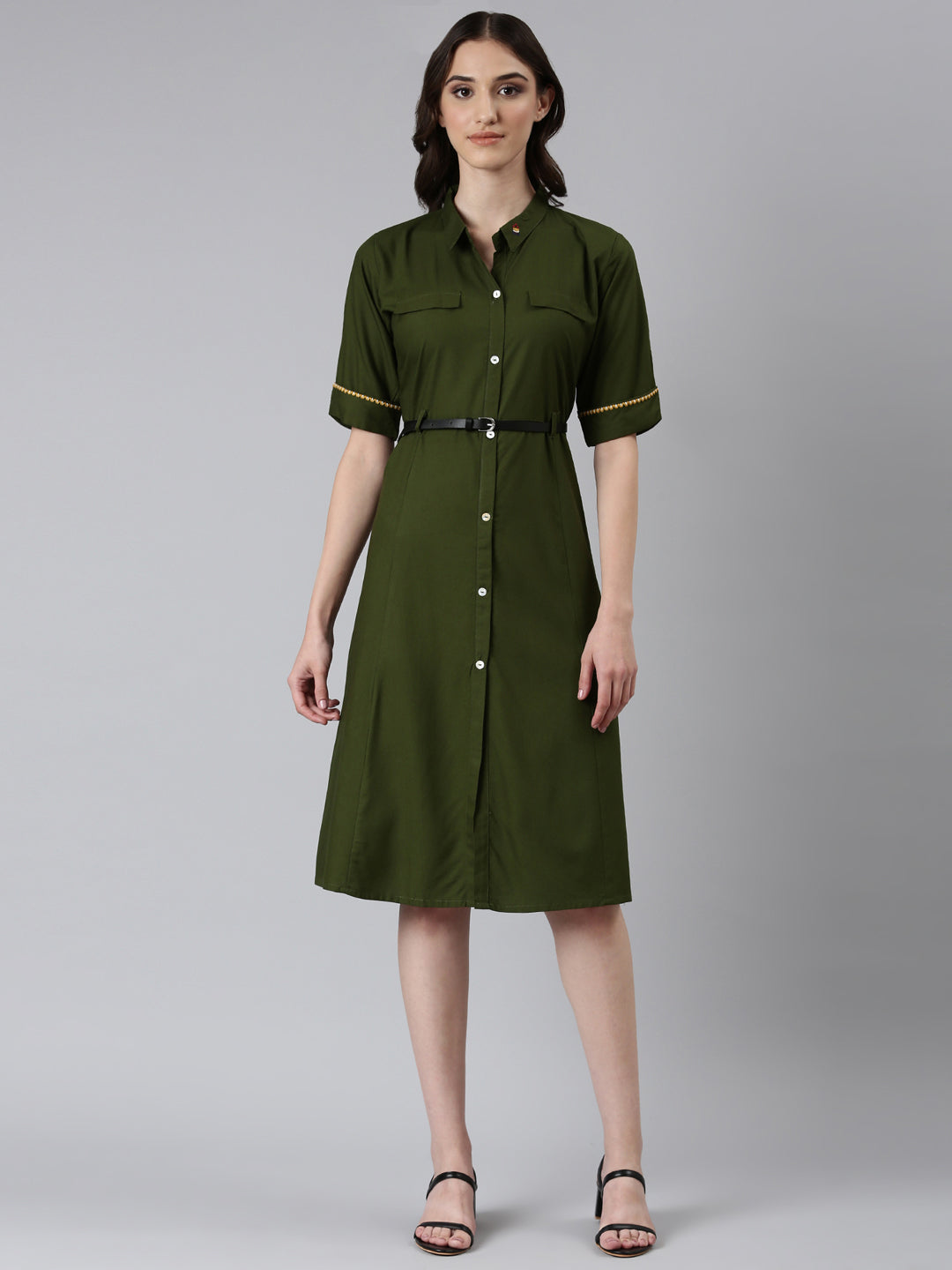 Women Olive Solid Shirt Dress