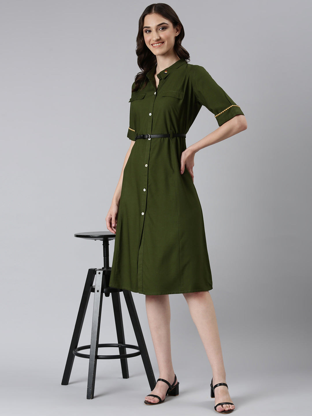 Women Olive Solid Shirt Dress