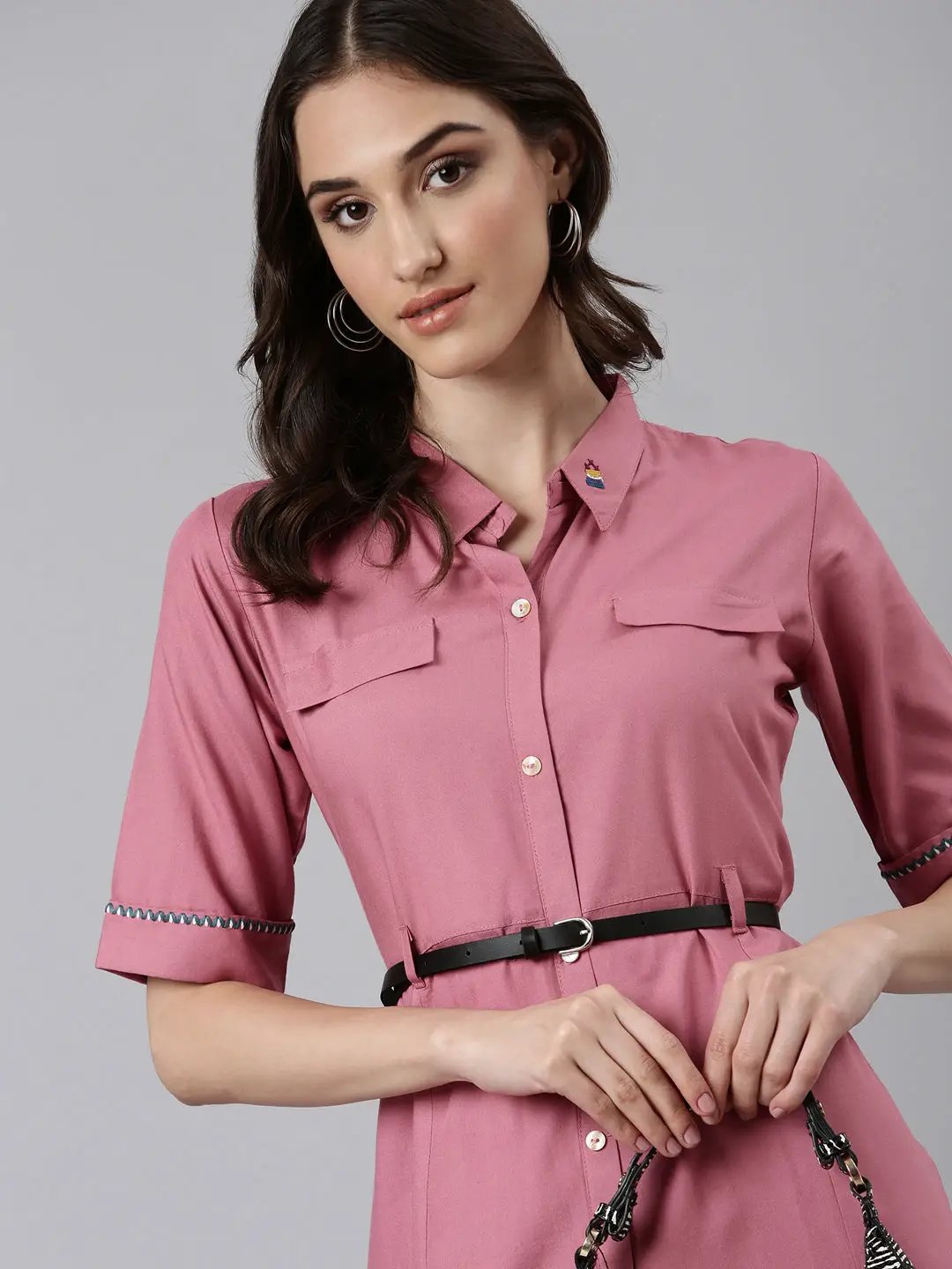 Shop Women's Pink Shirt Collar Short Sleeves Belted Shirt Dress| Showoffff Shop Women's Pink Shirt Collar Short Sleeves Belted Shirt Dress| Showoffff