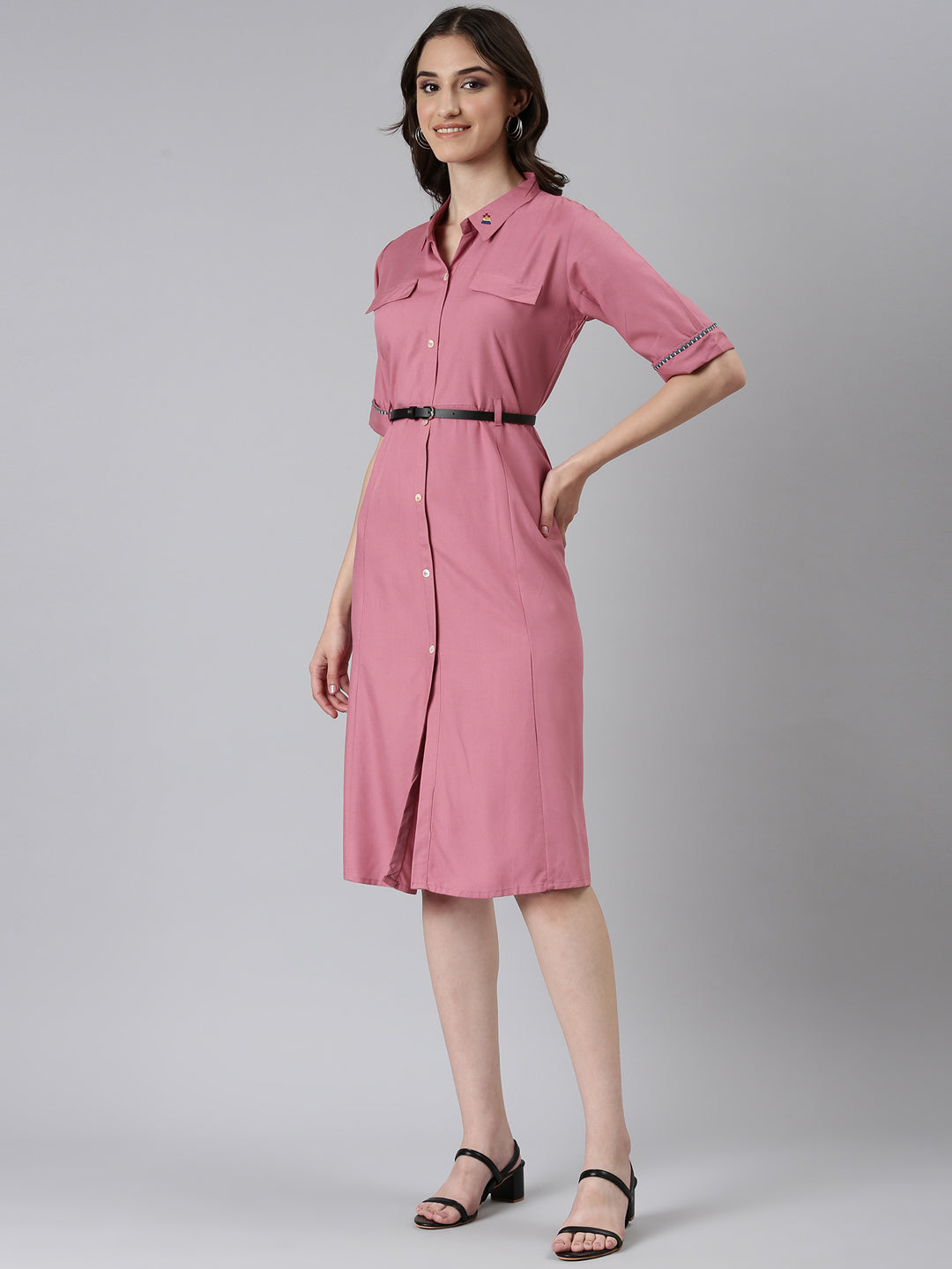 Women Pink Solid Shirt Dress